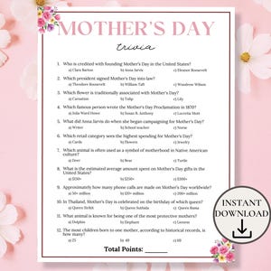 Mother&#39;s Day Trivia, Mother&#39;s Day Game, Mother&#39;s Day Activities for Kids & Adults, Mother&#39;s Day Brunch Games, Mother&#39;s Day Tea Party Games