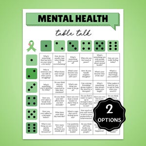 Può includere: Un tabellone di gioco verde e bianco di Mental Health Table Talk con dadi e domande. Il testo "MENTAL HEALTH table talk" è in alto. Un cerchio nero con "2 OPTIONS" è nell'angolo in basso a destra.