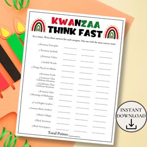 Kwanzaa Think Fast Game, Printable Kwanzaa Party Games for Kids & Adults, Kwanzaa Activities, Kwanzaa Trivia Questions, Family Reunion Games