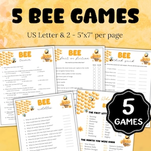 May include: A collection of five bee-themed games printed on US Letter size paper. The games include trivia, fact or fiction, riddles, and more, with a honeycomb and bee graphic design. The text "5 BEE GAMES" is at the top.