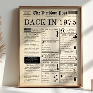50th Birthday Newspaper, Back in 1975 Poster, What Happened in 1975, Year You Were Born Newspaper, 50th Birthday Mum Gifts, Gifts for Men