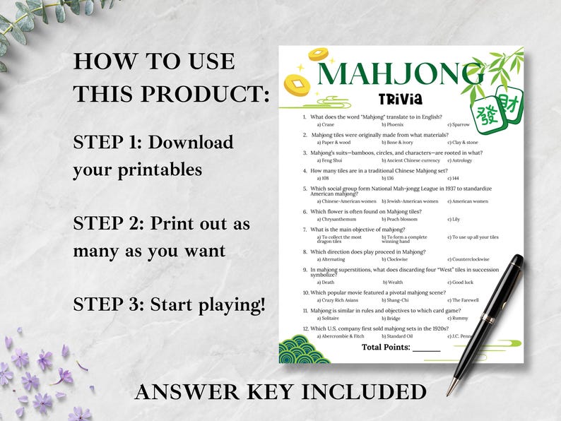 Mahjong Trivia Game, Mahjong Party Game, Mahjong Birthday Party, Girls Night Games, Printable Team Building Games, Senior Center Activity image 3