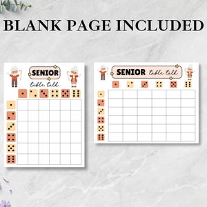 May include: Two printable "Senior Table Talk" game sheets. Each sheet features a grid, dice illustrations, and the text "SENIOR table talk". The phrase "BLANK PAGE INCLUDED" is at the top of the image.