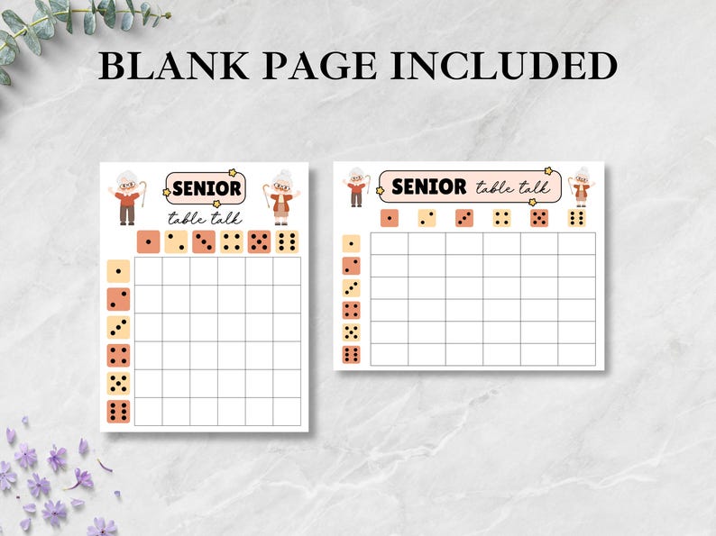 May include: Two printable "Senior Table Talk" game sheets. Each sheet features a grid, dice illustrations, and the text "SENIOR table talk". The phrase "BLANK PAGE INCLUDED" is at the top of the image.