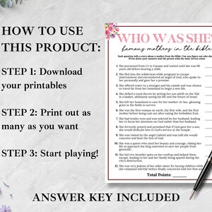May include: A printable game sheet titled "Who Was She?" with questions about famous mothers in the Bible. The sheet is decorated with floral accents and includes instructions on how to use the product. A black pen rests on the sheet.
