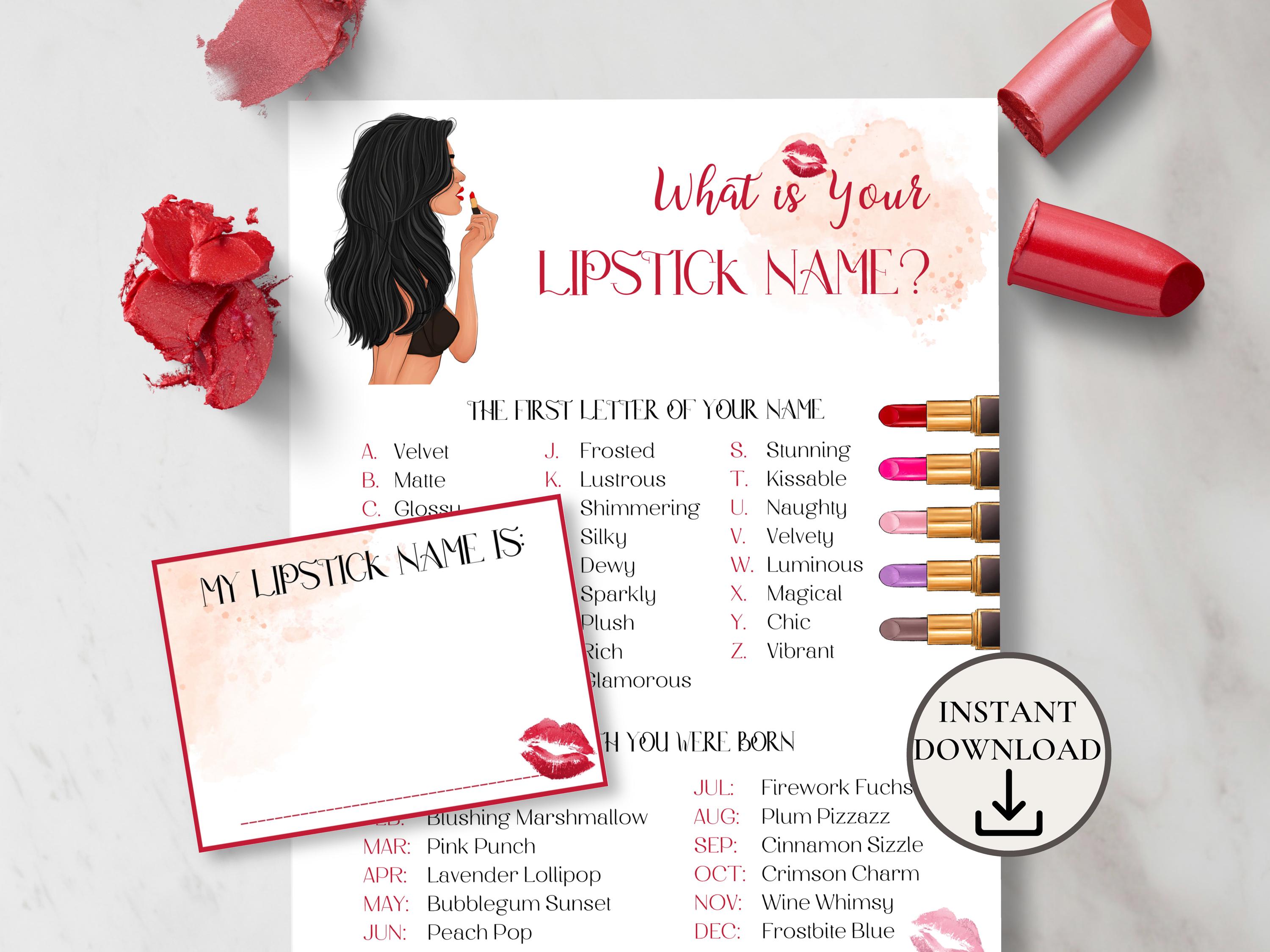 What's Your Lipstick Name with Name Tags, Ladies Night Games, Girls Night Games Ideas, Lipstick Games, Makeup Party Games for Adults