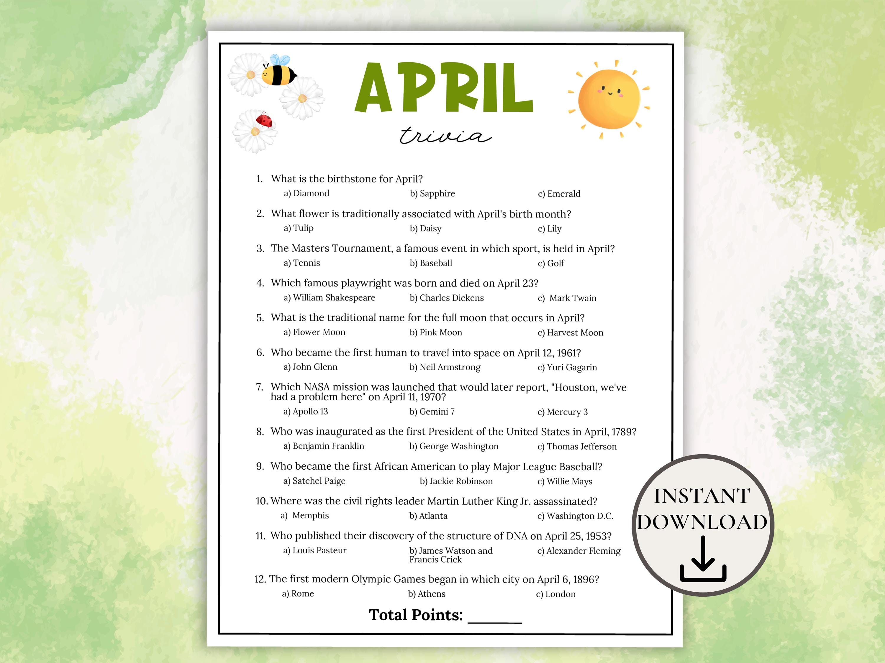 April Trivia Game, Monthly Trivia Questions, April Games, Spring Games ...