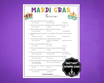 Mardi Gras Trivia Game, Mardi Gras Party Games for Kids & Adults, Mardi Gras Games Printable, Fat Tuesday Quiz, Holiday Office Activity Idea