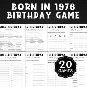 Spielepaket zum 50. Geburtstag, Spiele für alle, die 1976 geboren wurden, Spiele zum 50. Geburtstag, Spiele für Geburtstage des Jahres 1976, Druckbare Spiele für die 50. Geburtstagsparty, Quiz zum Jahr 1976