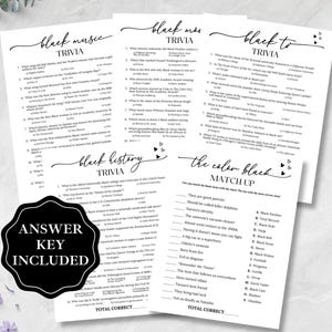 May include: A collection of black trivia game sheets, including topics like music, history, and a matching game. The sheets are white with black text and decorative hearts. An answer key is included.