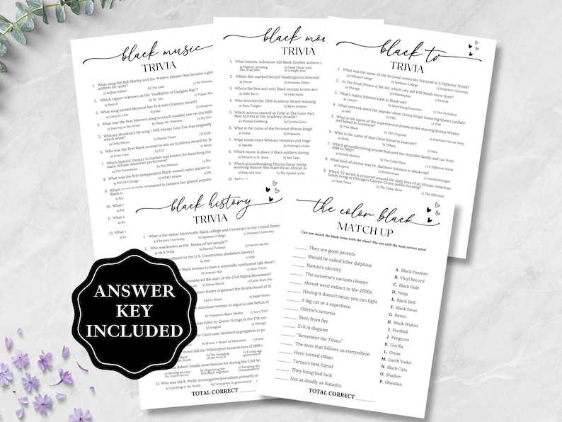 May include: A collection of black trivia game sheets, including topics like music, history, and a matching game. The sheets are white with black text and decorative hearts. An answer key is included.