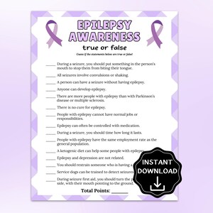 Peut inclure: Une feuille de jeu imprimable violette et blanche pour la sensibilisation à l'épilepsie, avec le texte "Epilepsy Awareness True or False". La feuille comprend une série d'énoncés à marquer comme vrais ou faux, avec un graphisme de ruban.