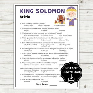 Könnte beinhalten: Ein druckbares King Solomon Quizspiel mit Multiple-Choice-Fragen. Das Spiel zeigt Illustrationen von König Salomon, einer Schatzkiste und einer Schriftrolle. Die Worte "Sofort-Download" sind ebenfalls sichtbar.