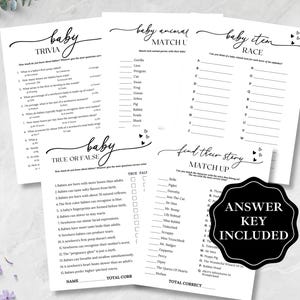 May include: A collection of white baby shower game sheets with black text, including trivia, match-up, and true or false games. A black and white "Answer Key Included" sticker is also present. The games are decorated with small heart graphics.