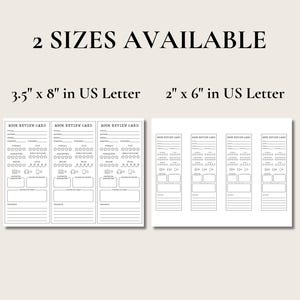May include: Two sets of book review cards in US Letter size. One set is 3.5" x 8" and the other is 2" x 6". Each card has sections for title, author, rating, and notes. The text "2 SIZES AVAILABLE" is at the top.