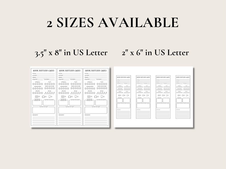 May include: Two sets of book review cards in US Letter size. One set is 3.5" x 8" and the other is 2" x 6". Each card has sections for title, author, rating, and notes. The text "2 SIZES AVAILABLE" is at the top.