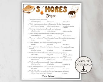 S'mores Trivia Game, S'mores Baby Shower Game, Printable Camping Party Game for Kids & Adults, Campfire Game, S'mores Party, Fun Office Game