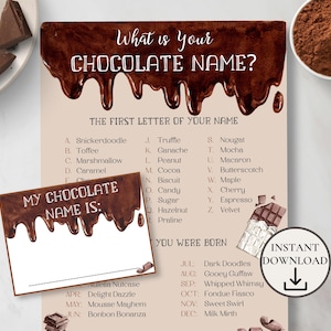 What's Your Chocolate Name Game with Name Tags, Fun Chocolate Party Game for Kids & Adults, Hot Chocolate Bar Activity, Winter Party Game