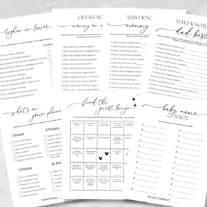 May include: A collection of printable baby shower games on white paper. Games include "Higher or Lower," "Guess Who," "Who Knows Mommy," "Who Knows Dad Best," "What's on Your Phone," "Find the Guest Bingo," and "Baby Name Race."