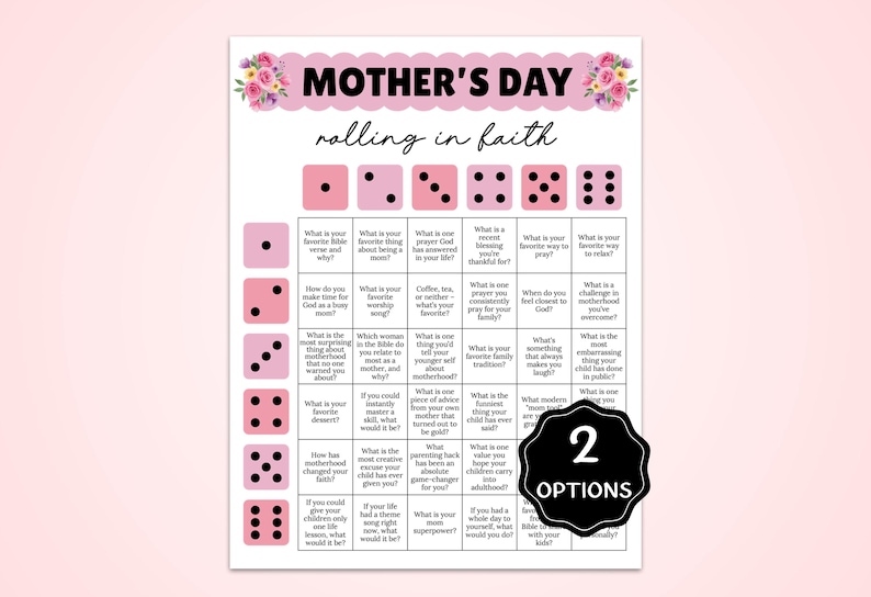 May include: A Mother's Day themed game with a pink and white design. The game features dice with questions about motherhood and faith. The words "Mother's Day" and "rolling in faith" are at the top.