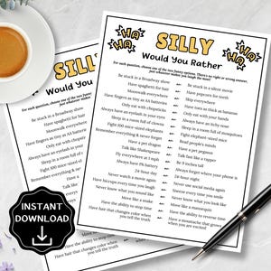 May include: A printed game sheet titled SILLY Would You Rather featuring a list of humorous questions with two options each. The text is black on a white background with yellow accents. A black pen is placed diagonally across the bottom right corner.
