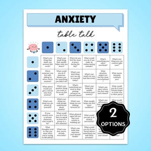 May include: A blue and white "Anxiety Table Talk" game with dice illustrations and discussion prompts. The game features a pink brain graphic and a black circle with "2 OPTIONS" text.