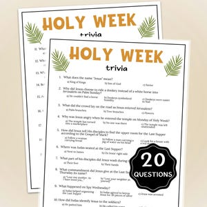 Puede incluir: Dos hojas de trivia impresas para la Semana Santa, con preguntas y respuestas. Las hojas tienen un fondo beige con las palabras "Holy Week Trivia" en una fuente estilizada, e incluyen un círculo negro con "20 Questions".