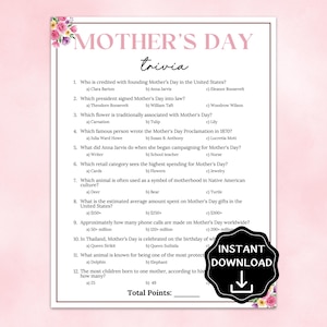 Mother's Day Trivia, Mother's Day Game, Mother's Day Activities for Kids & Adults, Mother's Day Brunch Games, Mother's Day Tea Party Games image 1