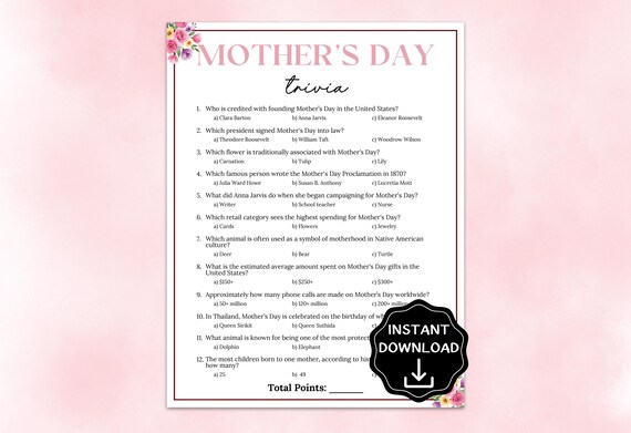 Mother's Day Trivia, Mother's Day Game, Mother's Day Activities for Kids & Adults, Mother's Day Brunch Games, Mother's Day Tea Party Games