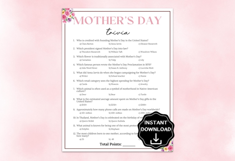 Mother's Day Trivia, Mother's Day Game, Mother's Day Activities for Kids & Adults, Mother's Day Brunch Games, Mother's Day Tea Party Games image 1