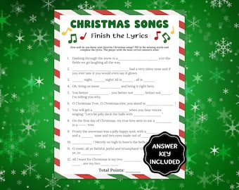 Może przedstawiać: Biała prostokątna karta do gry w zgadywanie tekstów piosenek świątecznych z czerwono-zielonymi paskami na brzegach. Tekst brzmi Christmas Songs Finish the Lyrics z dwunastoma numerowanymi lukami i czarną odznaką Answer Key Included.