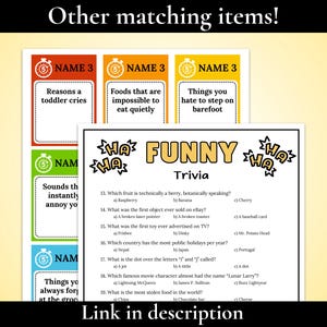 May include: A printable trivia game sheet titled Funny Trivia with multiple-choice questions numbered 13 through 19, surrounded by HA HA text graphics. Behind it are colorful game cards with the text Name 3 and various prompts.