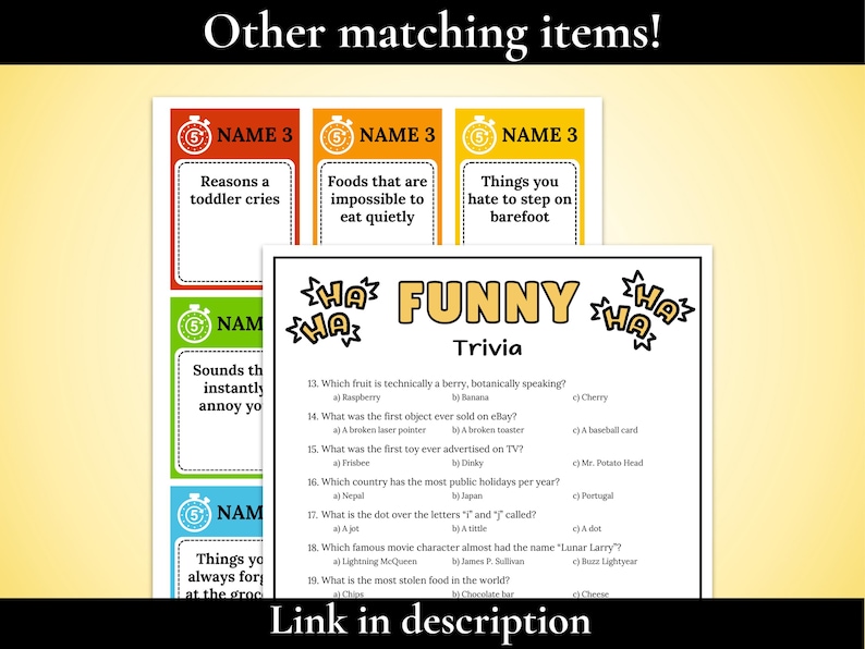 May include: A printable trivia game sheet titled Funny Trivia with multiple-choice questions numbered 13 through 19, surrounded by HA HA text graphics. Behind it are colorful game cards with the text Name 3 and various prompts.