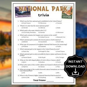 National Park Trivia Game, Road Trip Games for Kids, Teens & Adults, National Park Baby Shower Party, Adventure Theme Classroom Activity