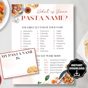 Was ist Ihr Pasta-Name mit Namensschildern, Pasta-Spiele für Kinder und Erwachsene, Pasta-Dinner-Party, italienisches Thema Babyparty, Pasta-Thema-Geburtstagsfeier