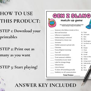 May include: Printable Gen Z slang match-up game with a pink retro phone graphic and a blue flip phone graphic. The game includes a list of slang terms and definitions. A black pen is on the right.
