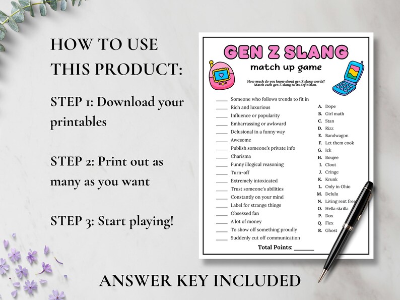 May include: Printable Gen Z slang match-up game with a pink retro phone graphic and a blue flip phone graphic. The game includes a list of slang terms and definitions. A black pen is on the right.