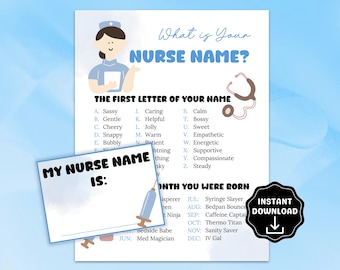 What&#39;s Your Nurse Name Game with Name Tags, Printable Nurse Games, Nurse Appreciation Week Activity,Nurse Grad Party Games,Nurse Retirement