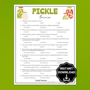 Pickle Trivia Game, Pickle Birthday Game for Kids & Adults, Pickle Themed Party Game, Printable Food Trivia Game, Kind of a Big Dill Party