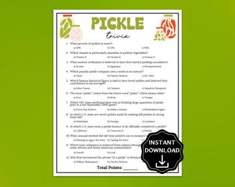 Pickle Trivia Spiel, Pickle Geburtstagsspiel für Kinder und Erwachsene, Partyspiel mit Pickle-Thema, druckbares Essen-Trivia-Spiel, eine Art große Dill-Party