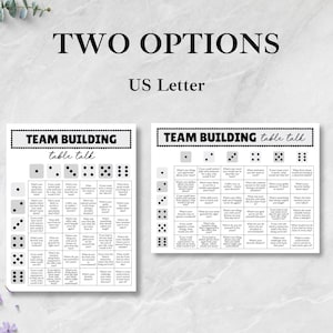 K&ouml;nnte beinhalten: Zwei wei&szlig;e Team Building Tischgespr&auml;ch-Spielbl&auml;tter im US-Letter-Format. Jedes Blatt hat ein Raster mit Fragen und W&uuml;rfelillustrationen. Der Text "TWO OPTIONS" und "US Letter" stehen oben.