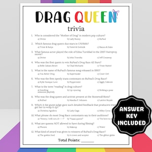 May include: A white sheet of paper with the words "DRAG QUEEN trivia" in large, colorful letters. Below, a series of trivia questions about drag culture are listed, with multiple-choice answers. An "ANSWER KEY INCLUDED" sticker is in the bottom right.