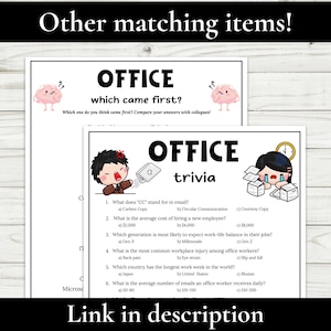 K&ouml;nnte beinhalten: Zwei wei&szlig;e Papierb&ouml;gen mit dem Wort "OFFICE" in gro&szlig;en schwarzen Buchstaben. Ein Bogen hat den Text "which came first?" und der andere Bogen hat das Wort "trivia". Die B&ouml;gen haben Cartoon-Illustrationen und Text. Oben im Bild steht "Other matching items!"