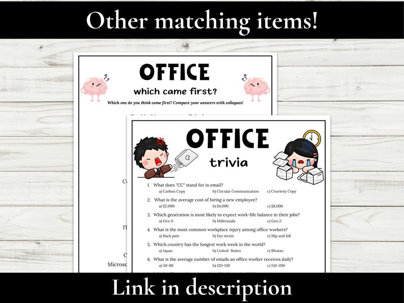 K&ouml;nnte beinhalten: Zwei wei&szlig;e Papierb&ouml;gen mit dem Wort "OFFICE" in gro&szlig;en schwarzen Buchstaben. Ein Bogen hat den Text "which came first?" und der andere Bogen hat das Wort "trivia". Die B&ouml;gen haben Cartoon-Illustrationen und Text. Oben im Bild steht "Other matching items!"