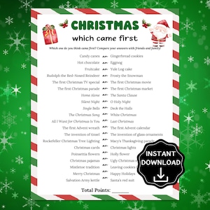 以下が含まれることがあります： 赤と緑のボーダーが付いたクリスマスをテーマにしたゲーム。このゲームは、クリスマスの関連アイテムとフレーズのリストを提示し、プレイヤーにどちらが最初に来たかを尋ねます。サンタクロースのグラフィックと「インスタントダウンロード」が含まれています。