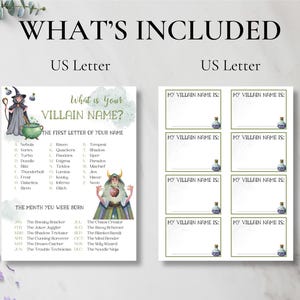 May include: A printable Halloween party game with a green and white watercolor background. The game asks "What is your Villain Name?" and lists names based on the first letter of your name and the month you were born. The game also includes six blank cards with the text "My Villain Name Is:" and a potion bottle graphic.