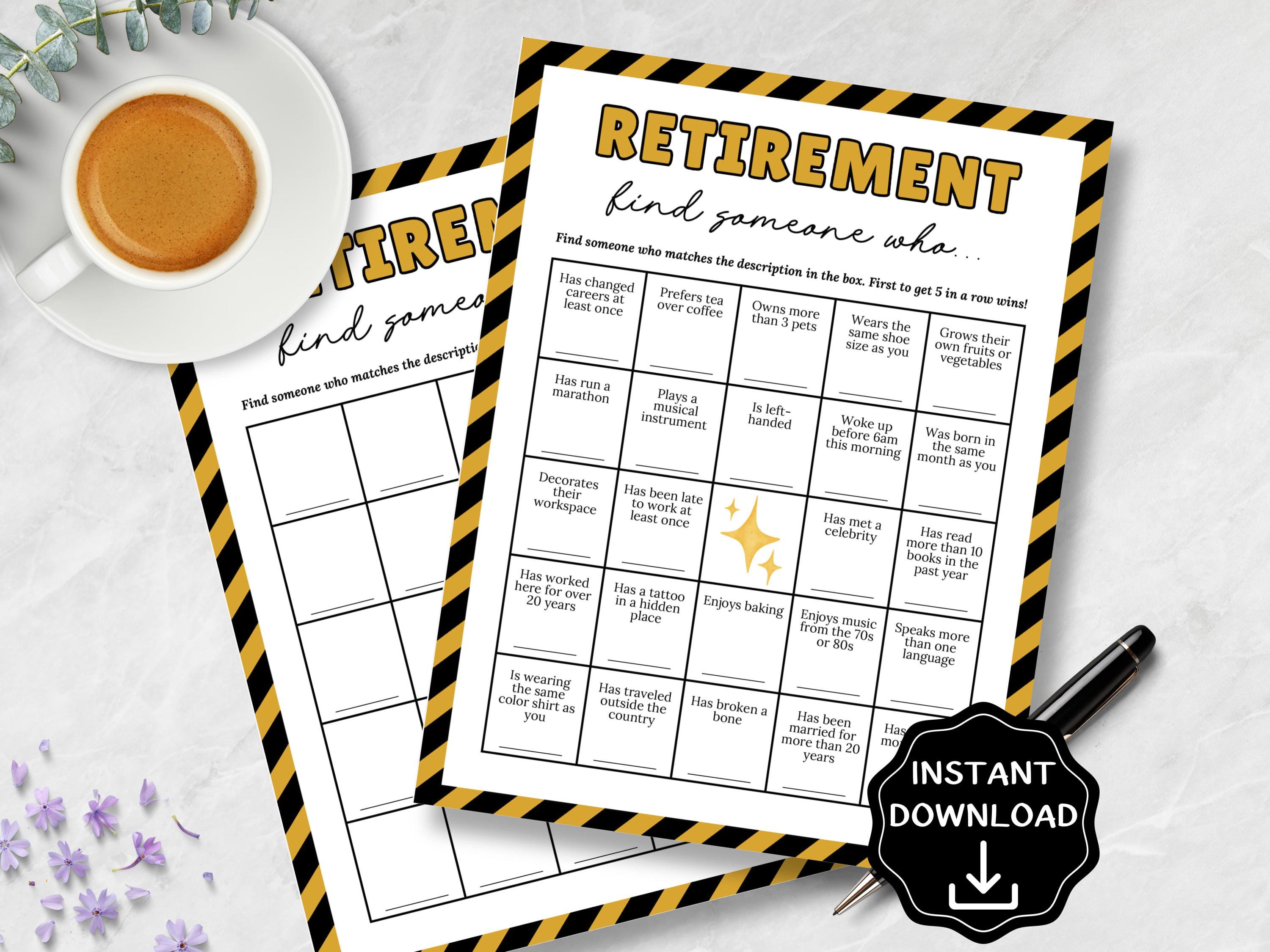 Retirement Send Off Find the Guest Retirement Bingo Game, Office Retirement Party Games ...