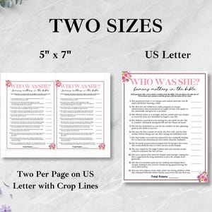 May include: Two-sided game cards with the text "WHO WAS SHE? famous mothers in the bible" in a floral frame. The cards are available in two sizes: 5" x 7" and US Letter. The text "Two Per Page on US Letter with Crop Lines" is also visible.