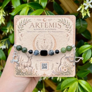 Artemis Goddess Charm Bracelet: Moonstone, Obsidian & Labradorite, Greek Goddess Jewelry