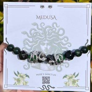 Medusa Obsidian Bracelet: Snake Charms, Green Chalcedony, Divine Feminine Jewelry